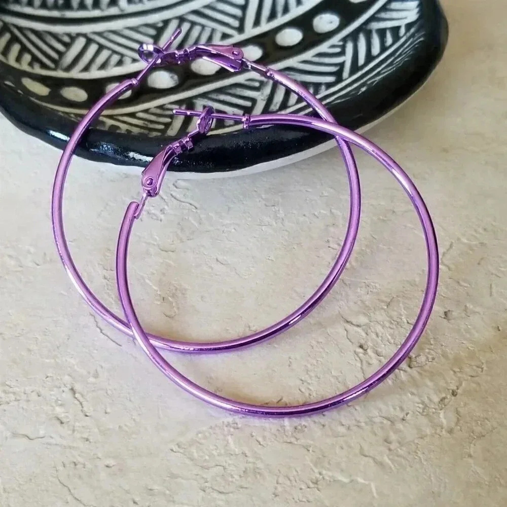 Sleek Purple Large Hoop Earrings 50mm 2" Leverback Minimalist Classic
